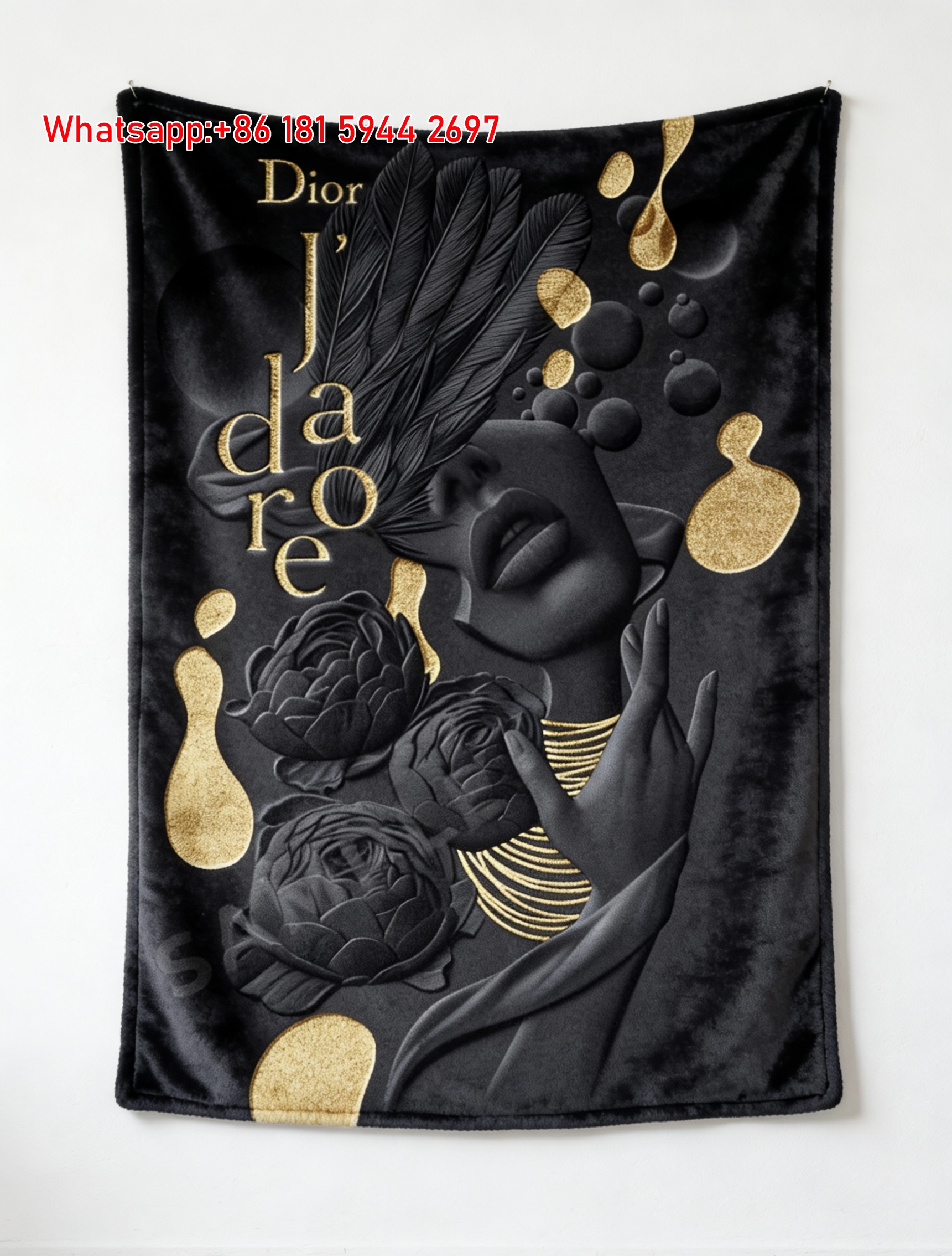 Christian Dior J'adore Black Gold Relief Art Flannel Sofa Throw Blanket D186